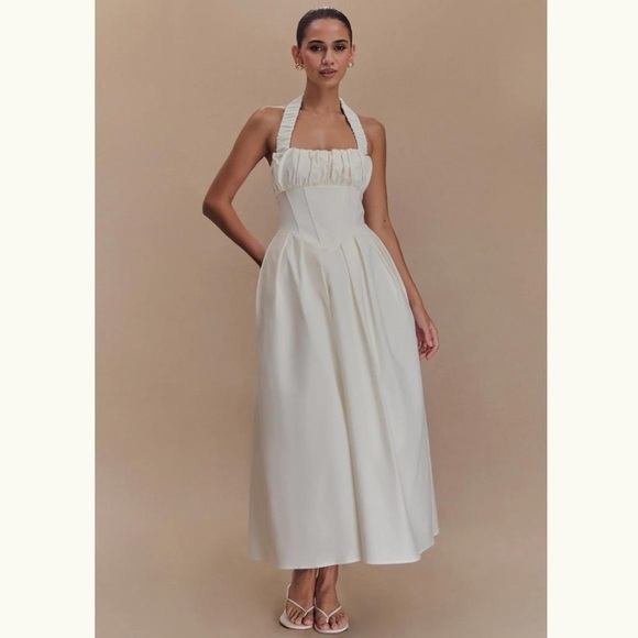 Meshki Dresses & Skirts - Meshki White Pleated Halter Midi Dress